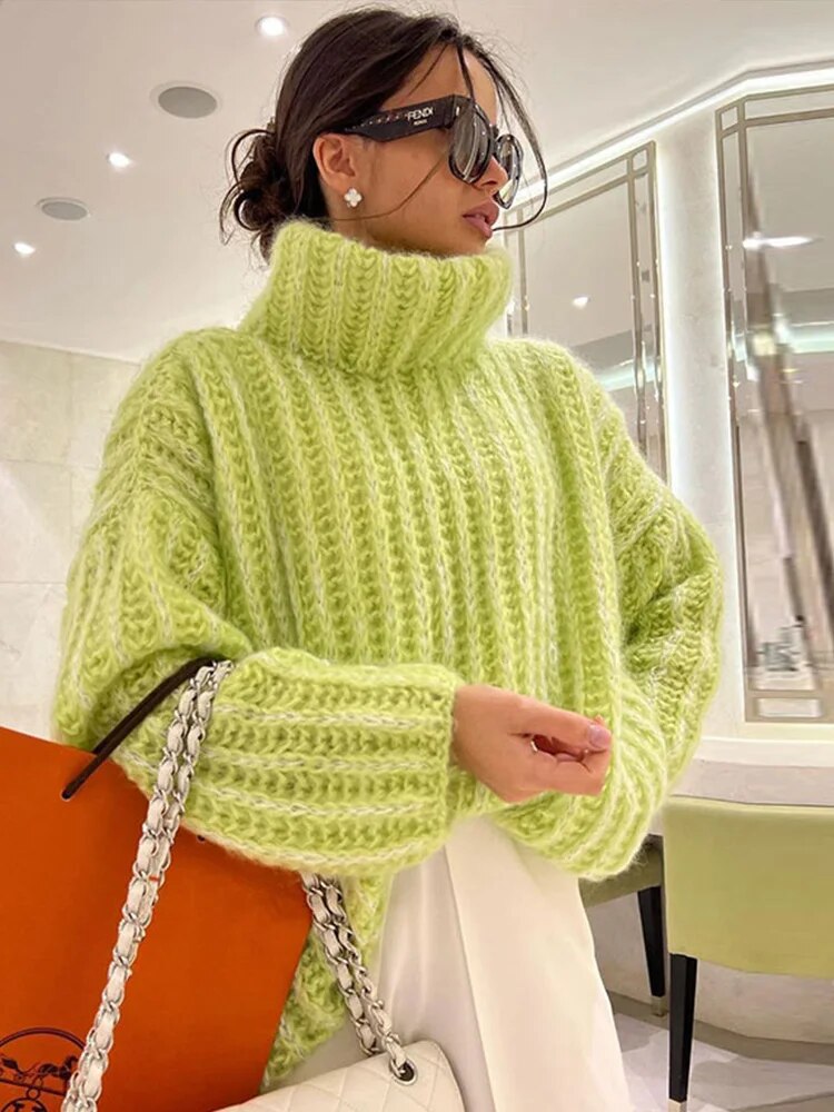 High Neck Crochet Knitted Pullover Women Thicken Solid Jumper Sweaters