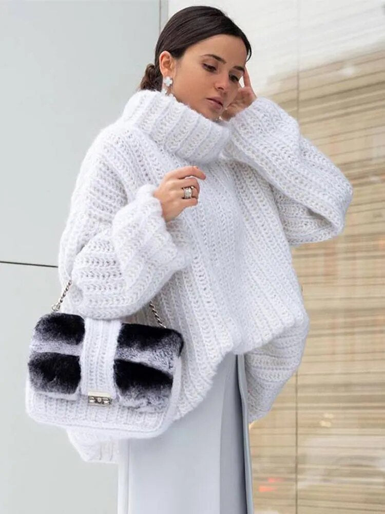 High Neck Crochet Knitted Pullover Women Thicken Solid Jumper Sweaters
