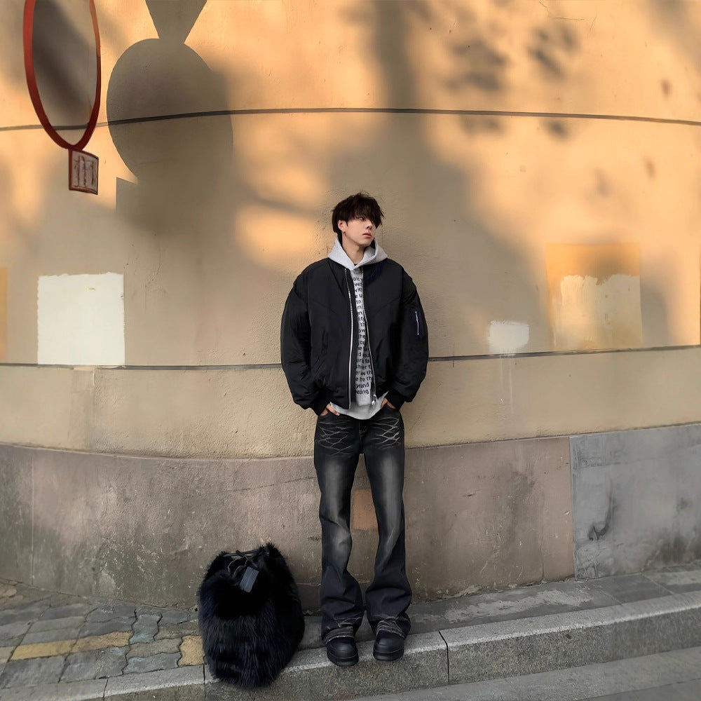 Cleanfit Men's Autumn Winter Casual Workwear Black Bomber Jacket Short Length Style Pilot Coat Cotton Jacket