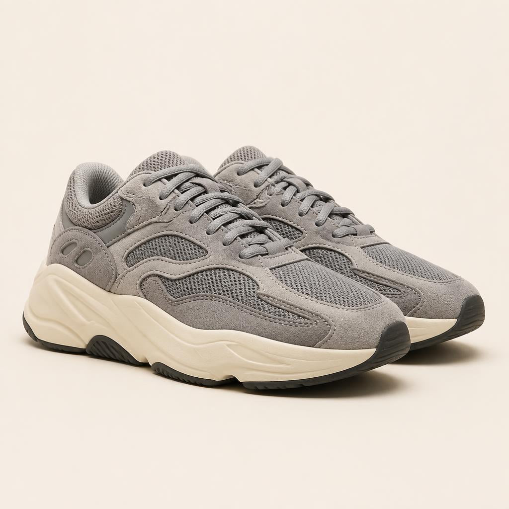 Grey suede and mesh chunky retro running sneakers with cream midsole